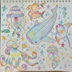 a drawing of various sea animals and jellyfish