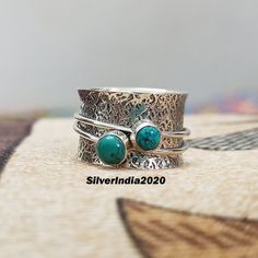 Turquoise Ring, Promise Ring, 925 Silver Ring, Meditation Ring, Thumb Ring, Women Ring, Bohemian Ring, Fidget Ring, Spinner Ring, Band Ring Welcome to Our Shop Style : Spinner Ring Materials: 925 Sterling Silver Gemstone : Turquoise Handling Time: 1-2 Working Days Thank You So Much For Visiting Our Shop Bohemian Adjustable Stackable Rings For Anniversary, Bohemian Stackable Adjustable Rings For Anniversary, Bohemian Adjustable Stackable Turquoise Ring, Adjustable Green Bohemian Rings, Adjustable Stackable Bohemian Turquoise Ring, Bohemian Blue Handmade Stackable Rings, Unique Turquoise Sterling Silver Stackable Rings, Handmade Turquoise Stackable Rings In Sterling Silver, Bohemian Adjustable Emerald Open Ring