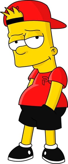 the simpsons is wearing a red shirt and black pants, while he's looking at something