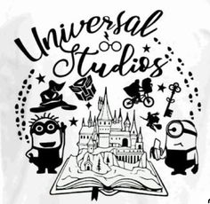 an open book with the words universal studios on it and some minion characters around it