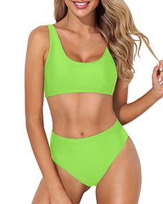 Swimwear Type: bikini Style: sporty, trendy, sexy Fabric: 82% nylon, 18% spandex Top Type: push up bra Neckline: scoop neck Back Style: u-back Chest Pad: removable padded Color: neon green Waist: high waisted Bottom Style: high cut Garment Care: hand wash Trendy Bathing Suits, Crop Top Swimsuit, Swimsuits Sporty, High Cut Swimsuit, High Waisted Bathing Suits, Spandex Top, Trendy Swimwear, Long Torso, Suit Fabric