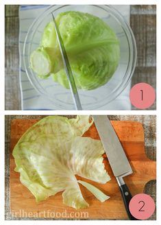 lettuce being cut in half on a cutting board