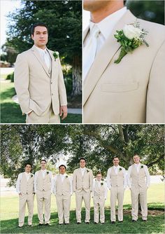 a collage of photos with men in suits and flowers on their lapel jackets