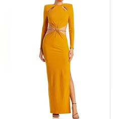 This Is A Really Fun Dress With Lots Of Cutouts To Show Some Skin While Still Being Largely Covered Up. It Also Has A Long Slit On The Left Side. It Comes With A Gold-Tone Link Belt That Is Optional. It Has Shoulder Pads To Give Even More Drama. It Is New With Tags. 40% Linen, 40% Cotton, 20% Acrylic. Dry Clean. Bust - 30-34 Waist - Pretty Free Since It's Open Hips - 32-36 Length - 57 Side Vent - 30 Sleeves - 21 Bronx And Banco Dresses, Bronx And Banco, Gold Maxi Dress, Cutout Maxi Dress, Maxi Gown Dress, Tie Dye Maxi, Maxi Styles, White Halter Maxi Dress, Maxi Dress Online