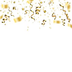 gold streamers and confetti on white background