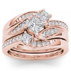 a rose gold wedding ring set with princess cut diamonds