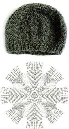 a knitted hat is shown next to a crochet snowflake pattern