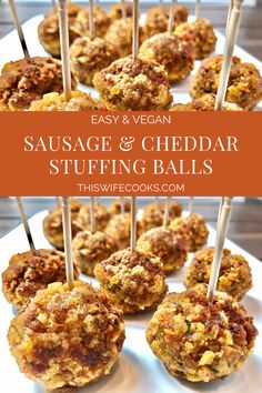 sausage and cheddar stuffing balls on a plate with toothpicks in them