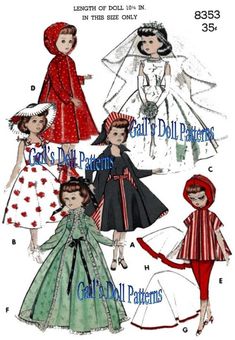 "Vintage 1960's Doll Pattern #8353 for 10-1/2\" Miss Revlon Wardrobe for Popular Dolls with a chest measurement of 5-1/2\".  Includes a matched hat, dress, and coat.  A sundress and hat. Bridal gown, hooded raincoat and boots,  slacks, hooded jacket.  A negligee, nightgown, long petticoat and a short petticoat.  Fits Little Miss Revlon, Miss Ginger, Queen for a Day, and Jill. This is a PDF copy of my original vintage pattern. It contains 20 pages (8 ½\" x 11\" paper) and has full-size pattern pieces.                                          In some cases, pattern pieces are too large to be copied onto one sheet of paper and I have copied them in sections. I do have them all clearly marked so you can tape the pieces together before cutting the fabric. This is an instant download pattern, so Elf Sewing Pattern, Animal Sewing Patterns, Doll Wardrobe, Butterick Pattern, Butterick Sewing Pattern, Motif Vintage, Couture Vintage, Clothes Sewing Patterns, Reference Poses