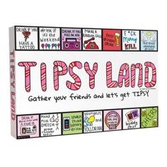 a box with the words, tipsy land written in pink and green on it