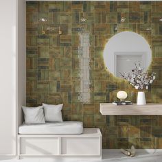 a white bench sitting in front of a mirror on a tiled wall next to a vase with flowers