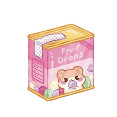 a pink box filled with fruit drops on top of a white background