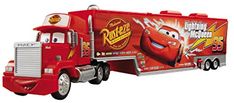 a red toy truck with cars on the front and back wheels, has lightning from disney pixar