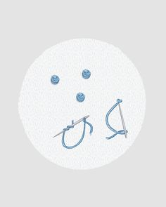 a drawing of two knitting needles and balls of yarn on a white circle with blue thread