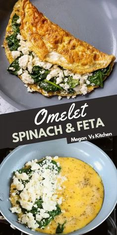 omelet with spinach and feta in a blue bowl