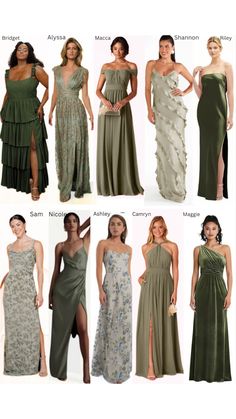 many different types of dresses are shown in this image, including one with an asymmetric