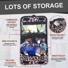 the contents of a leopard - print travel bag are shown with information about what's inside