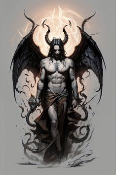 a man with horns and wings standing in front of a demon