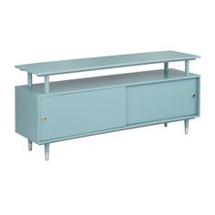 a blue tv stand with two drawers