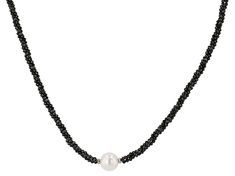 11mm Cultured Freshwater Pearl With Approximately 50.00ctw Black Spinel Rhodium Over Sterling Silver Necklace. Measures Approximately 17"L x 0.45"W. Lobster Clasp Closure. 2" extender. Elegant Round Necklaces With Faceted Beads, Formal Faceted Briolette Necklaces, Formal Briolette Faceted Necklace, Elegant Rondelle Necklace With Lobster Clasp, White Gold Single Strand Round Beads Jewelry, Formal Round Necklace With Faceted Beads, Elegant Briolette Jewelry With Faceted Beads, Formal Round Necklaces With Faceted Beads, Formal Faceted Beads Round Necklace