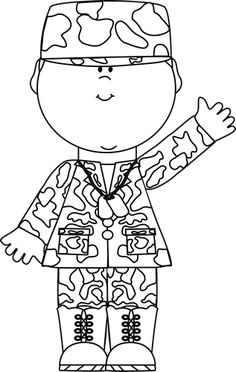 a coloring page with a soldier in camouflage clothing and hat on it's head