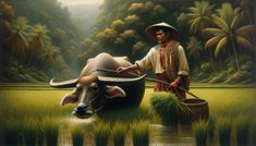 a painting of a man standing next to a water buffalo