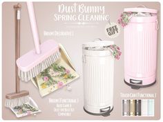 a pink dustbin, broom, and cleaning supplies are featured in this advert