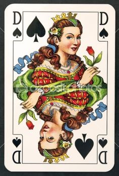 a playing card with two women in the middle and one woman holding flowers on her chest