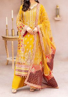 Red Chiffon Dress For Eid, Yellow Organza Dress With Sheer Dupatta, Yellow Georgette Dress With Dupatta, Festive Yellow Georgette Dress, Yellow Organza Dresses With Dabka Work, Chiffon Dresses With Dupatta, Yellow Georgette Dress For Eid, Chiffon Long Sleeve Dress With Sheer Dupatta, Pakistani Branded Dresses