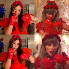 four pictures of a woman wearing red gloves and holding her hands up to her face