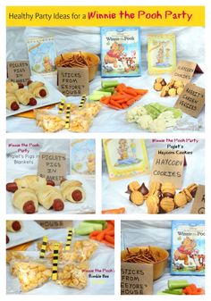 an assortment of snacks and treats for winnie the pooh birthday party with free printables