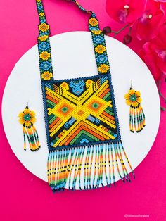 Traditional Multicolor Rectangular Necklace, Multicolor Rectangular Beaded Necklace For Festivals, Multicolor Rectangular Bohemian Beaded Necklaces, Bohemian Multicolor Rectangular Beaded Necklaces, Bohemian Multicolor Rectangular Beaded Necklace, Mexican Necklace, Eye Of God, Huichol Art, Necklace Collar