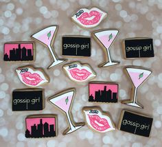 decorated cookies are arranged in the shape of cocktail glasses and lips with lipstick on them