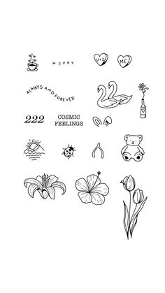 some flowers and animals are drawn on a white background with the words cosmic feelings written in black ink