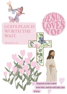 a cross with flowers and a jesus's name on it, surrounded by butterflies