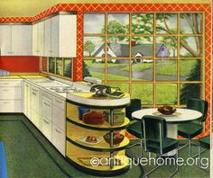 an illustration of a colorful kitchen with lots of counter space and chairs around the table