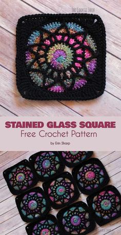 crocheted coasters with the text stained glass square free crochet pattern