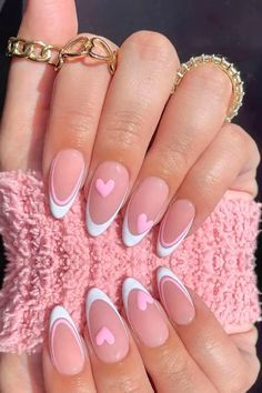 Valentine Nails, Nail Designs Valentines, Colorful Nails, Blue Nail, White Nail, Pink Acrylic Nails, Heart Nails, Short Acrylic Nails, Nail Arts