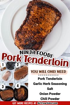 an advertisement for pork tenderion on a white plate with other food items in the background