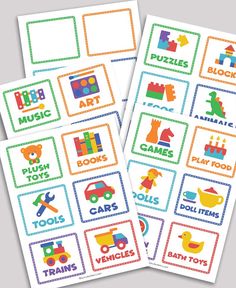 four stickers with different types of children's toys on them, including cars and trucks