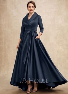 [AU$170.00] A-Line V-neck Asymmetrical Satin Mother of the Bride Dress With Bow(s) Pockets Mother Of The Groom Looks, Mother Of The Bride Dresses Long, Mother Of Bride Outfits, Mother Of Groom Dresses, Mob Dresses, Different Dresses, Mother Of The Bride Dress, House Dress, Groom Dress