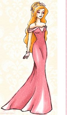 a drawing of a woman in a pink dress with long blonde hair wearing a tiara