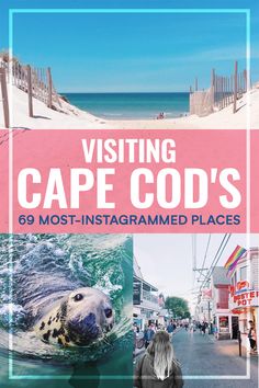 a woman standing in front of the ocean with text saying visiting cape god's 69 most - instagrammed places