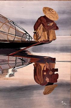 a painting of a person sitting on a boat in the water with their reflection in the water