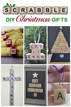 christmas gifts made from scrabbles and wooden letters are featured in this collage