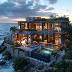 an oceanfront home with a pool and hot tub in the foreground, at dusk