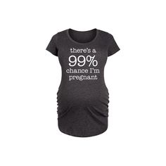 She will love showing off her style with this Maternity 99 Percent Chance I'm Pregnant Graphic Tee. FEATURES Ruched sides Short sleeves ScoopneckFIT & SIZING Fitted 31 1/2-in. length from shoulder to hemFABRIC & CARE Solid Colors: Cotton ; Heather Colors: Cotton/Polyester Machine wash Imported Size: XXL-MAT. Color: Heather Charcoal. Gender: female. Age Group: adult. Maternity Cotton Tops With Graphic Print, Casual Maternity T-shirt Bump Friendly, Graphic Print Cotton Maternity Tops, Maternity Bump Friendly Relaxed Fit Tops, Casual Maternity T-shirt, Fitted Bump Friendly Maternity Tops, Fitted Maternity Tops Bump Friendly, Casual Fitted Maternity T-shirt, Maternity Graphic Tee With Letter Print