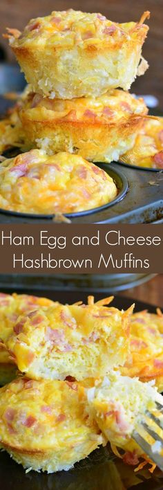 ham egg and cheese hashbrown muffins are stacked on top of each other