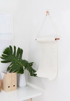 a white shelf with a potted plant on it and a sign hanging from the wall