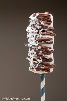 a chocolate covered cake on top of a blue and white striped stick